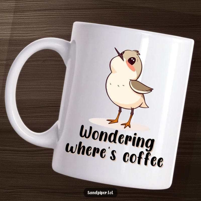 Funny mug depicting a sandpiper bird looking up at the sky with wide eyes, full of curiosity and wonder.