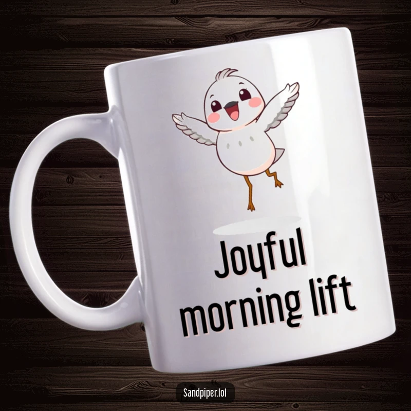 Funny Mug: A happy sandpiper character captured mid-joyful hop in the air, embodying pure delight and humorous celebration.