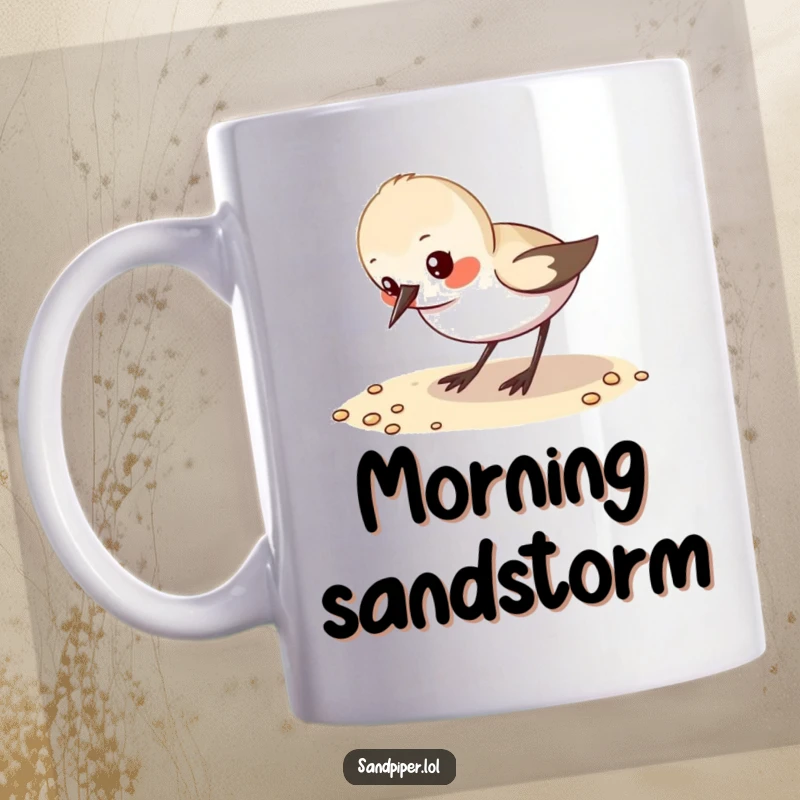 Funny Sandpiper Mug: A small sandpiper character enthusiastically pecks at grains of sand on a beach shore.