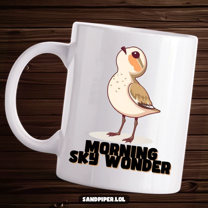 Funny mug featuring a sandpiper gazing up at the sky with eyes full of wonder.