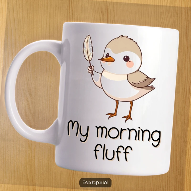 Funny Mug: A sandpiper bird proudly holds up a small, delicate feather, showing it off with pride.
