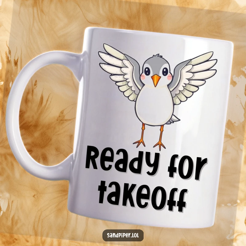 Funny mug showing a sandpiper with wings spread, appearing ready to fly, capturing the essence of freedom and movement.