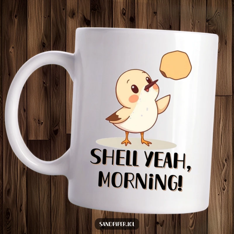 Funny Sandpiper Mug: A cute sandpiper with wide, surprised eyes looks up at a seashell floating gently in the air.