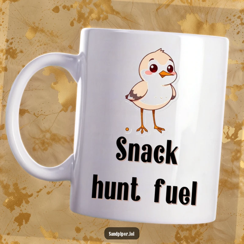 Funny sandpiper mug, cheerful bird with curious expression beaming while looking for snacks, coastal humor, perfect gift.