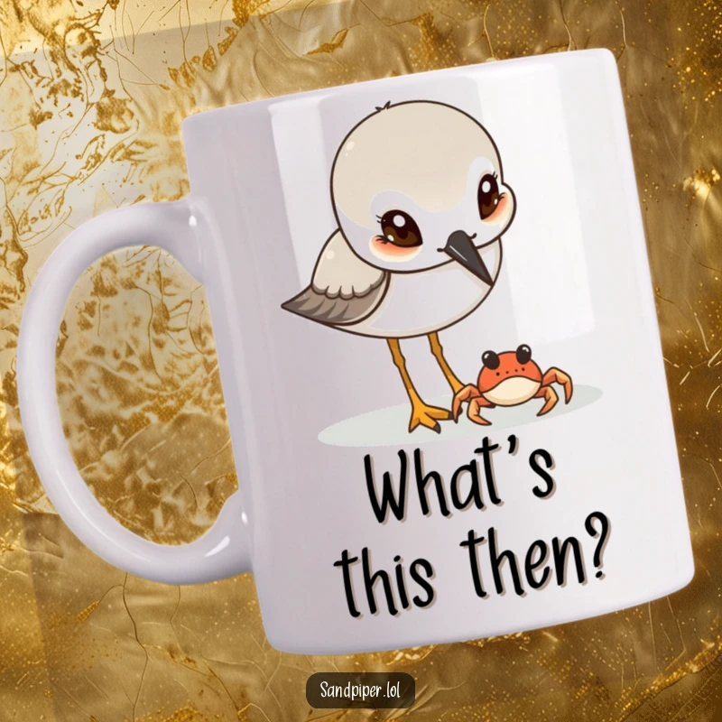 Funny Sandpiper & Crab Mug: A sandpiper with wide, curious eyes intently observes a tiny crab scuttling on the beach.