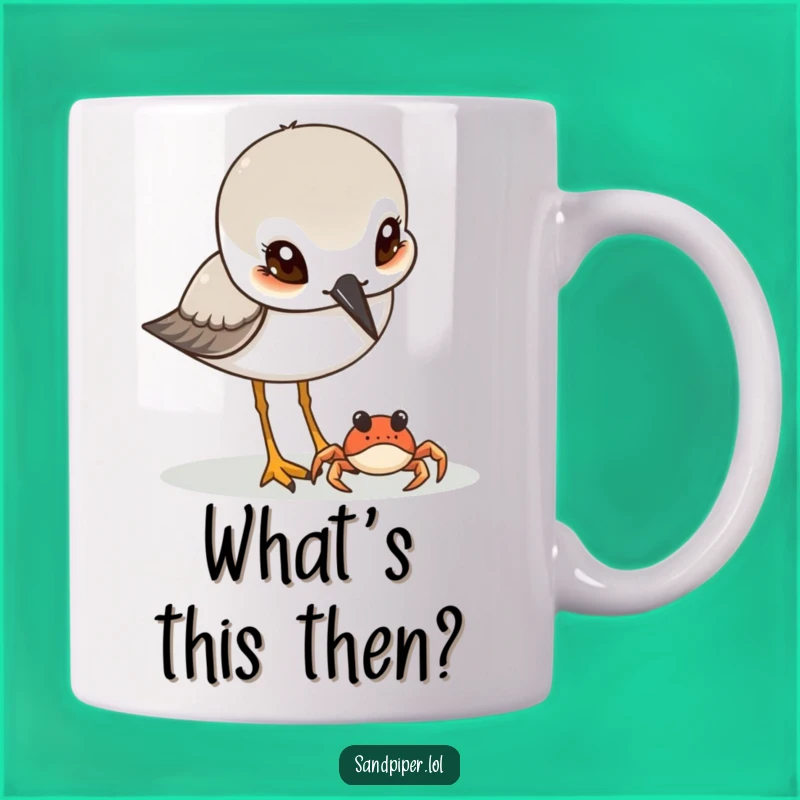 Funny Sandpiper & Crab Mug: Curious Eyes Meet Tiny Critter, Hilarious Gift!