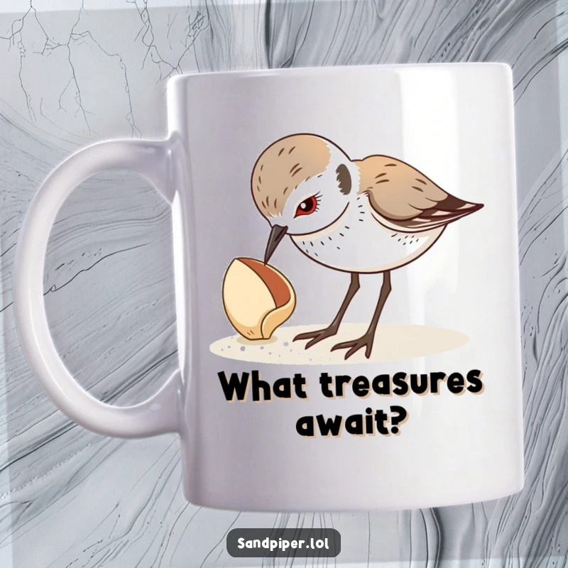 Funny mug showing a sandpiper curiously looking down at a seashell on the beach, filled with wonder. A perfect funny gift.