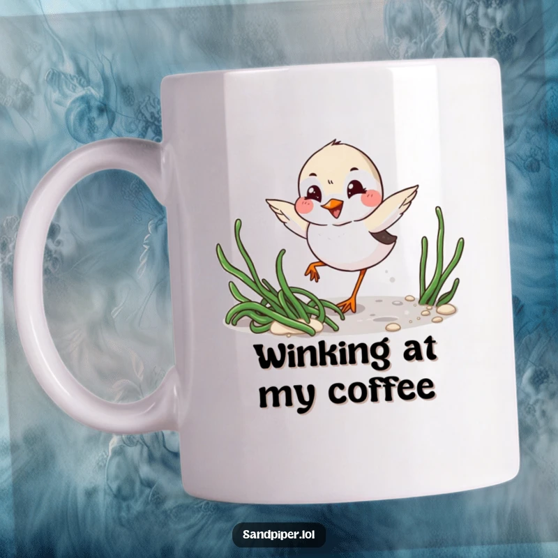 Funny Mug: Playful sandpiper with mischievous grin winks while darting around seaweed, embodying coastal fun.