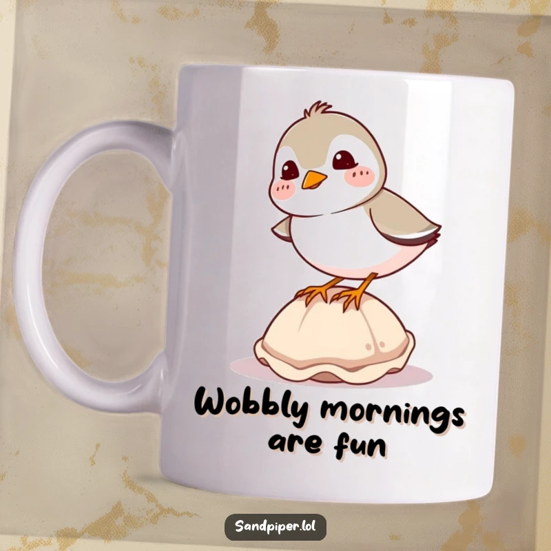 Funny sandpiper mug, giggling bird with rosy cheeks comically balancing on a seashell, coastal humor, perfect gift.