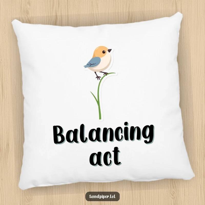 Funny pillow with a bird character humorously balancing on a single, thin blade of grass, perfect for adding whimsy.