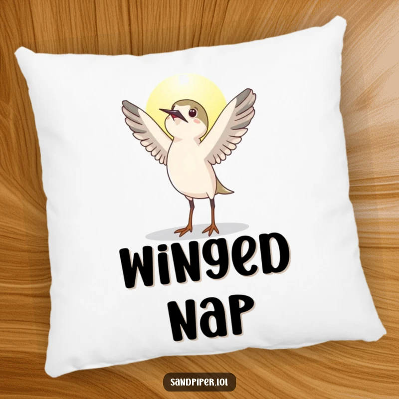 Funny sandpiper bird pillow, stretching wings upwards greeting the sun, comfortable decor, perfect funny gift.
