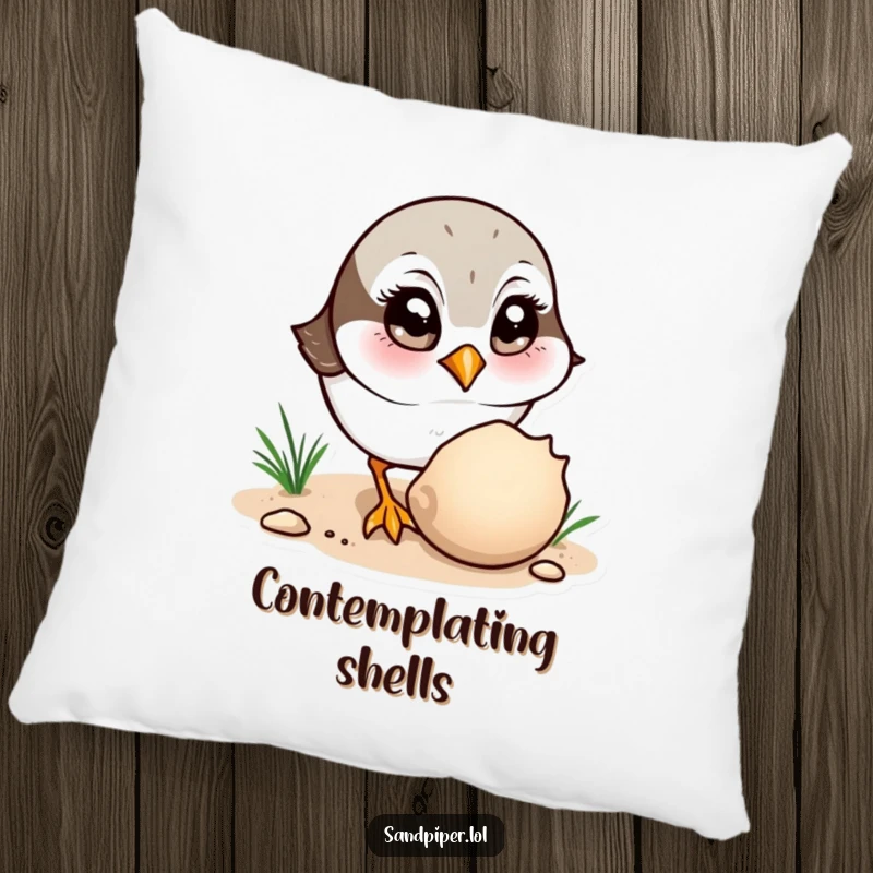 Funny Pillow: A sandpiper curiously observes a shell, soft and humorously inspired by beach discoveries.