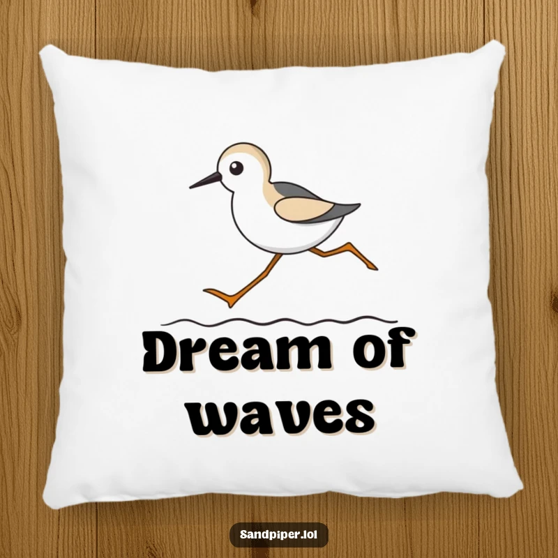 Funny pillow with a sandpiper featuring long legs running on a wavy line, ideal for adding coastal humor.