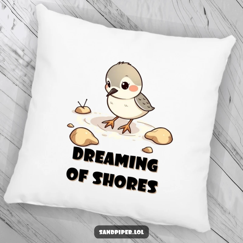 Funny Pillow featuring a sandpiper bird playfully digging in imaginary sand, bringing comfort and playful humor.