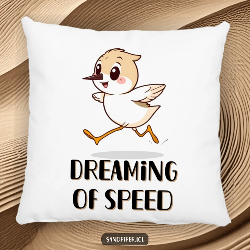Funny Sandpiper Pillow, featuring a cartoon bird running sideways with surprising speed and a delighted smile, ideal for soft comfort.