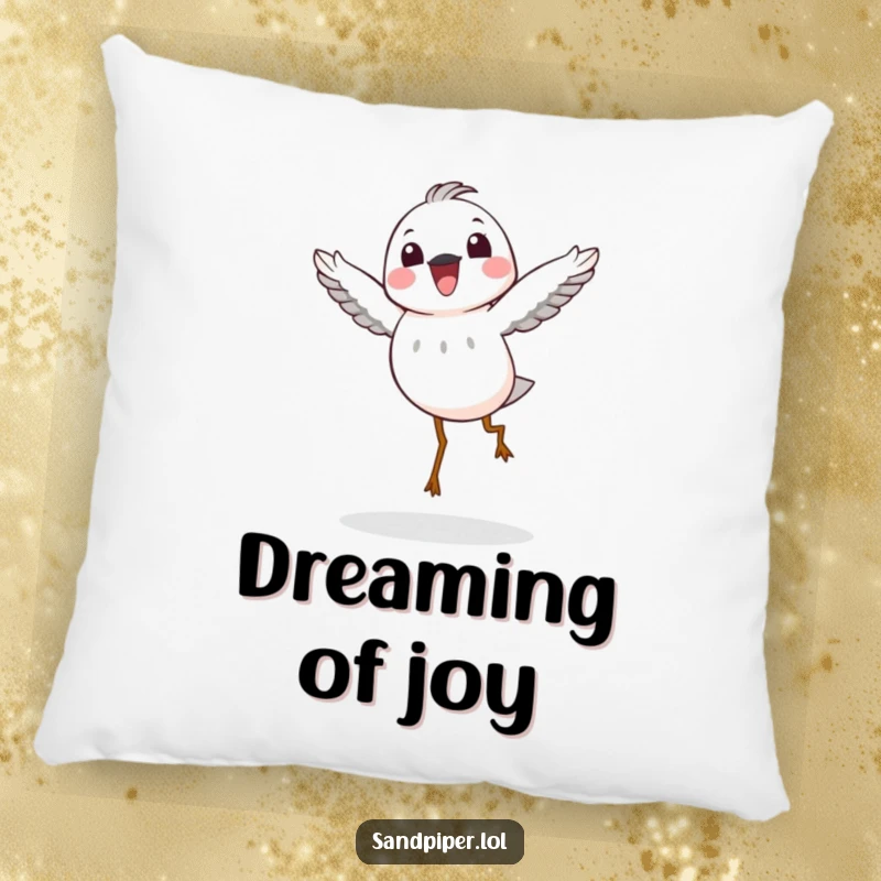 Funny Pillow: A sandpiper character in a joyful hop, offering comfort and a humorous symbol of pure happiness.