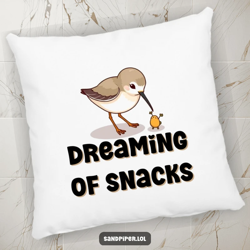 Funny pillow with a sandpiper playfully pecking at a tiny imaginary bug, bringing playful nature vibes. A delightful funny gift.