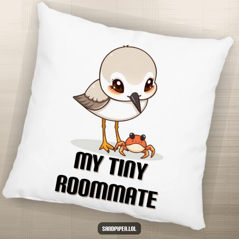 Funny Sandpiper & Crab Pillow: A soft pillow depicting a sandpiper curiously observing a tiny crab on the beach.
