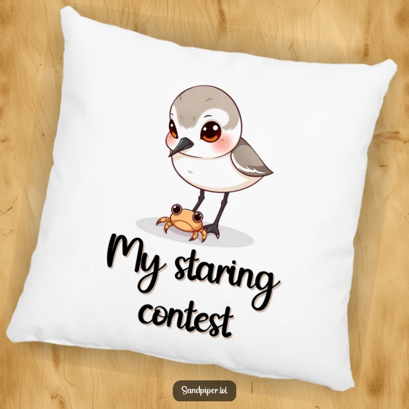 Funny sandpiper pillow, cute curious bird cushion, observing crab, humorous home decor, perfect gift for relaxation.
