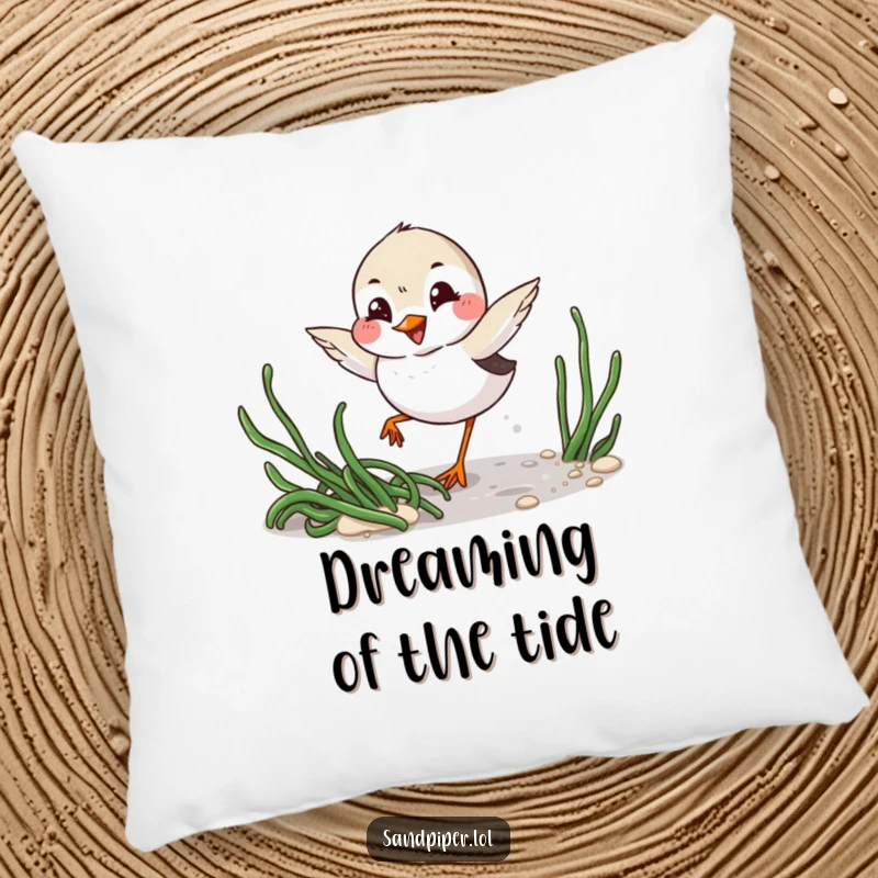 Funny Pillow: Playful sandpiper with mischievous grin winks while darting around seaweed, for cozy coastal vibes.