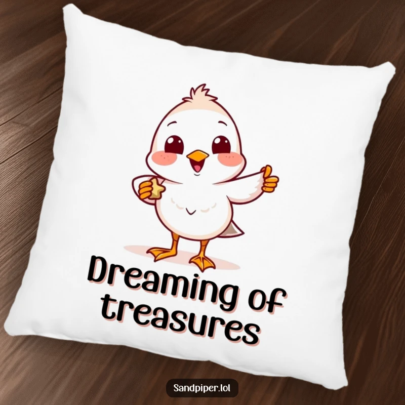 Funny Pillow featuring a delighted sandpiper character smiling and holding a tiny found treasure.