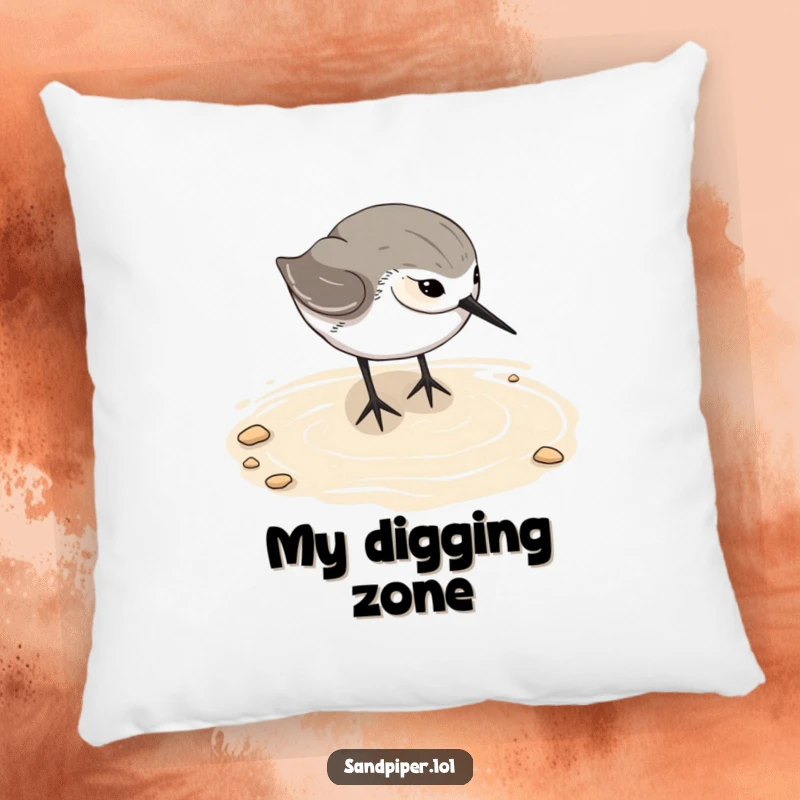 Funny sandpiper pillow, cute beach bird cushion, happy digging, humorous home decor, perfect gift for relaxation.