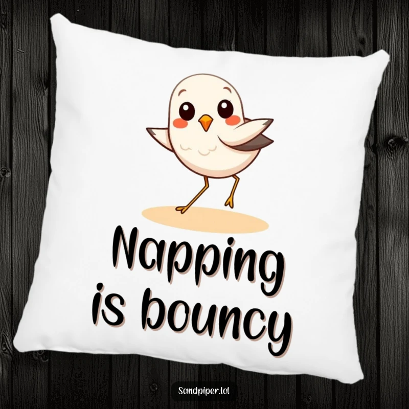 Funny pillow featuring a sandpiper bird in a joyful hop, perfect for adding a touch of beachy comfort and cheer.