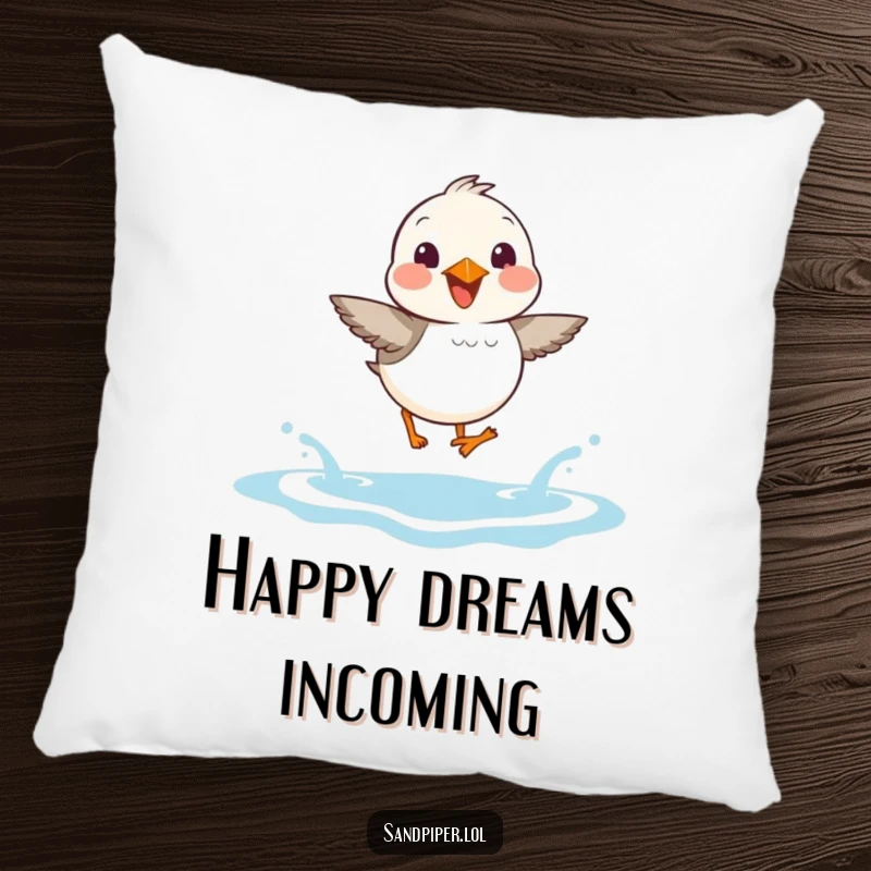Funny Sandpiper Pillow: Soft cushion featuring a sandpiper joyfully hopping over waves, bringing cheerful humor.