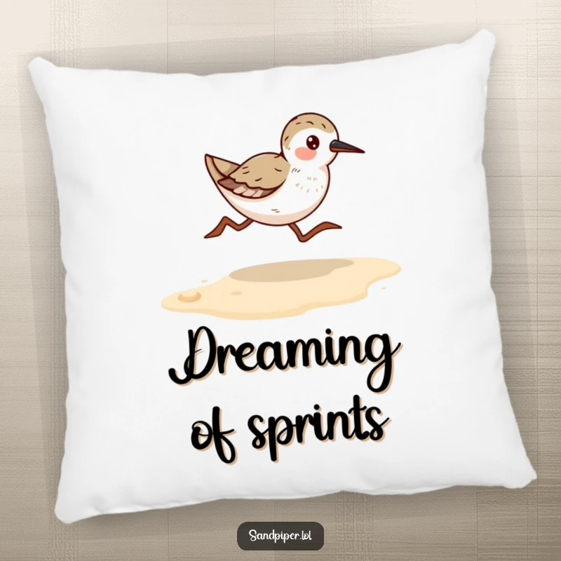 Funny Sandpiper Runner Pillow: Soft cushion featuring a bird running quickly on a sandy beach, ideal for cozy, humorous comfort.