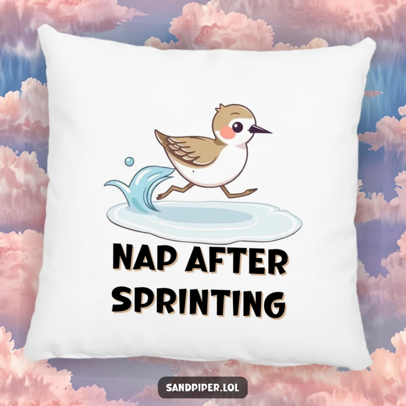 Comfortable pillow featuring a funny sandpiper bird running quickly beside a gentle wave, perfect for beach-themed decor.