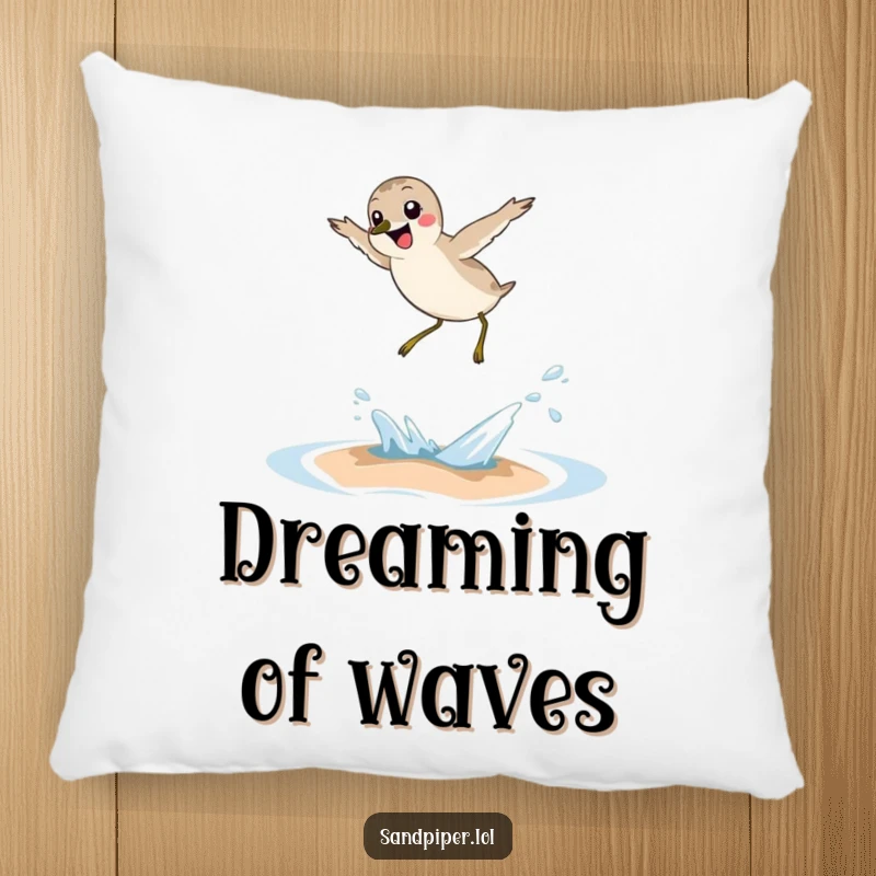 Funny sandpiper pillow, cute joyful bird cushion, leaping over wave, humorous home decor, perfect gift for relaxation.