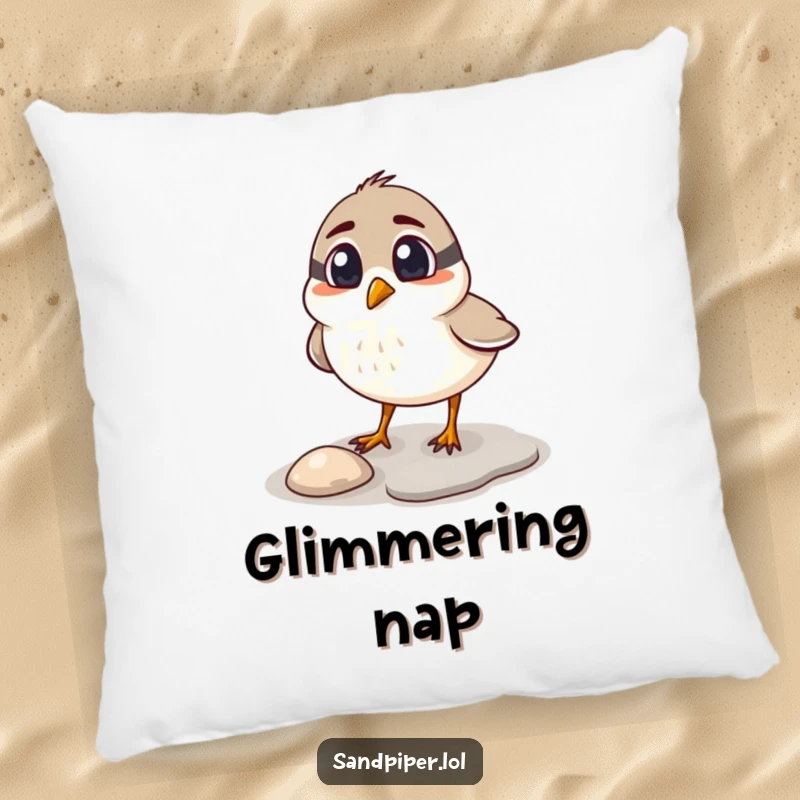 Funny sandpiper pillow, soft cushion with a surprised bird pecking at a shiny pebble, humorous home decor.