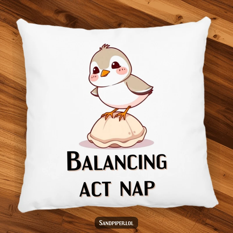 Funny sandpiper pillow, soft cushion with a giggling bird balancing on a seashell, humorous home decor.