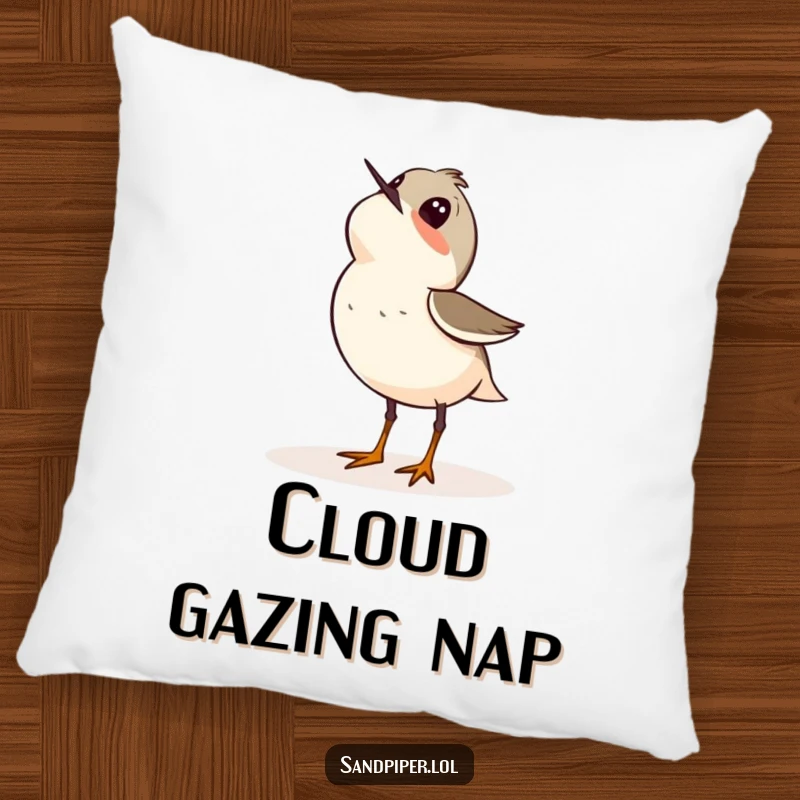 Funny pillow featuring a sandpiper bird looking up at the sky with wonder, perfect for comfort and inspiring imagination.