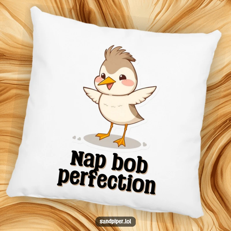 Funny sandpiper pillow showing a bird's happy and exaggerated head bob dance, perfect for adding cute and funny decor.