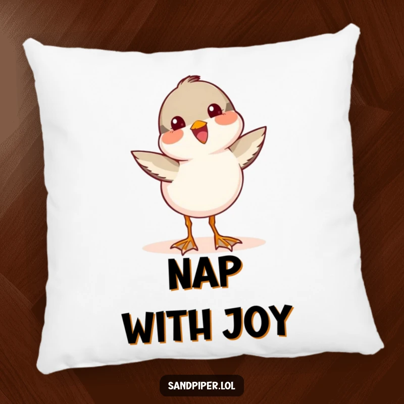 Funny Sandpiper Wag Pillow with a cute bird character wagging its tail with infectious joy.