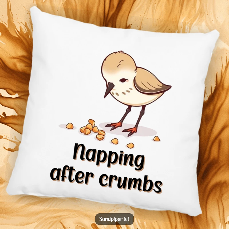 Funny pillow featuring a sandpiper with focus, pecking enthusiastically at tasty crumbs.
