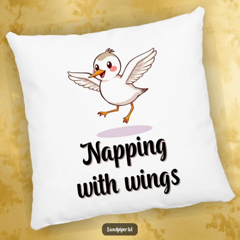 Funny Pillow: Happy sandpiper with outstretched wings takes a graceful hop, for cozy, cheerful vibes.