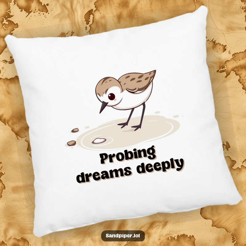 Funny Pillow: Determined sandpiper with focused expression vigorously probes wet sand, for cozy determination.