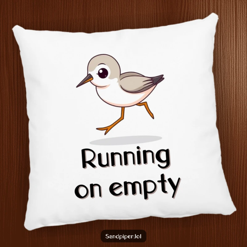 Funny pillow featuring a cute sandpiper character with long legs striding quickly, offering cozy comfort and speedy charm.