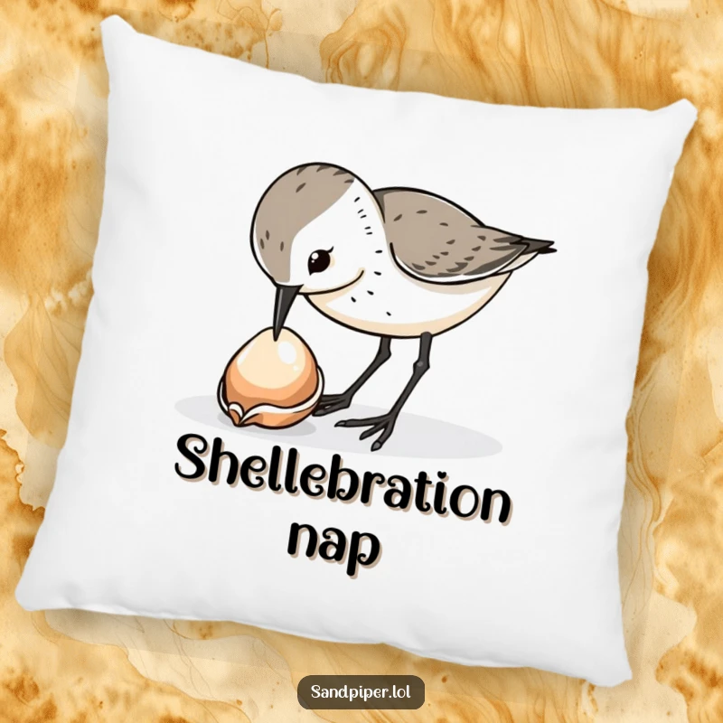 Funny sandpiper bird pillow, curiously pecking at a shiny dropped shell, comfortable decor, perfect funny gift.