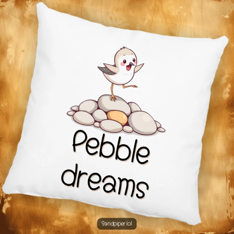 Funny sandpiper bird pillow, hopping excitedly over smooth pebbles, comfortable accent, perfect funny gift.