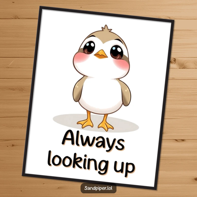 Funny Digital Art Print: A sandpiper bird with wide, curious eyes looks upwards, full of wonder.