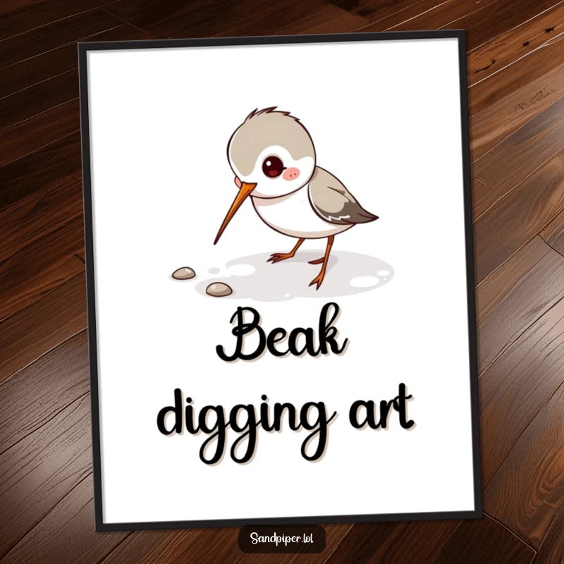 Funny Sandpiper Digital Art print of a playful sandpiper character digging its thin beak, ideal for whimsical decor.