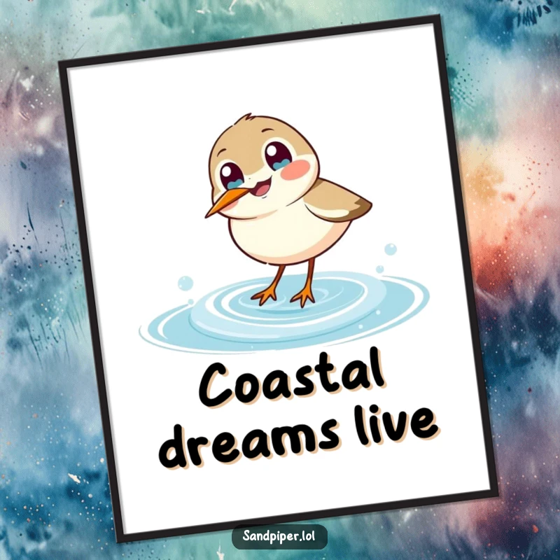 Funny sandpiper digital art print, wide-eyed bird joyfully dipping beak into a playful ocean wave, coastal decor.