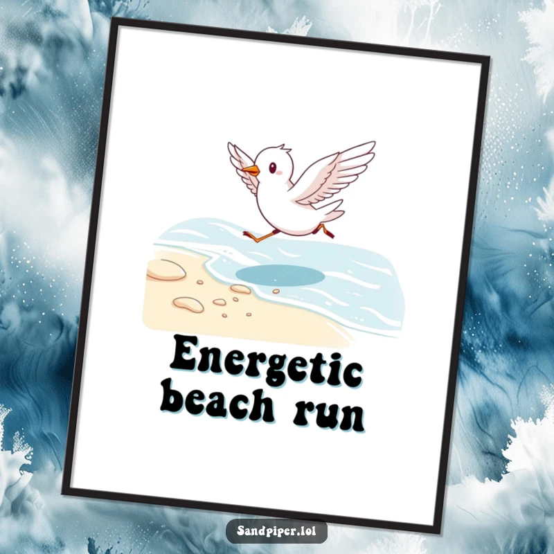 Funny digital art print of a cute bird running along a shoreline with wings outstretched, offering energetic beach decor.