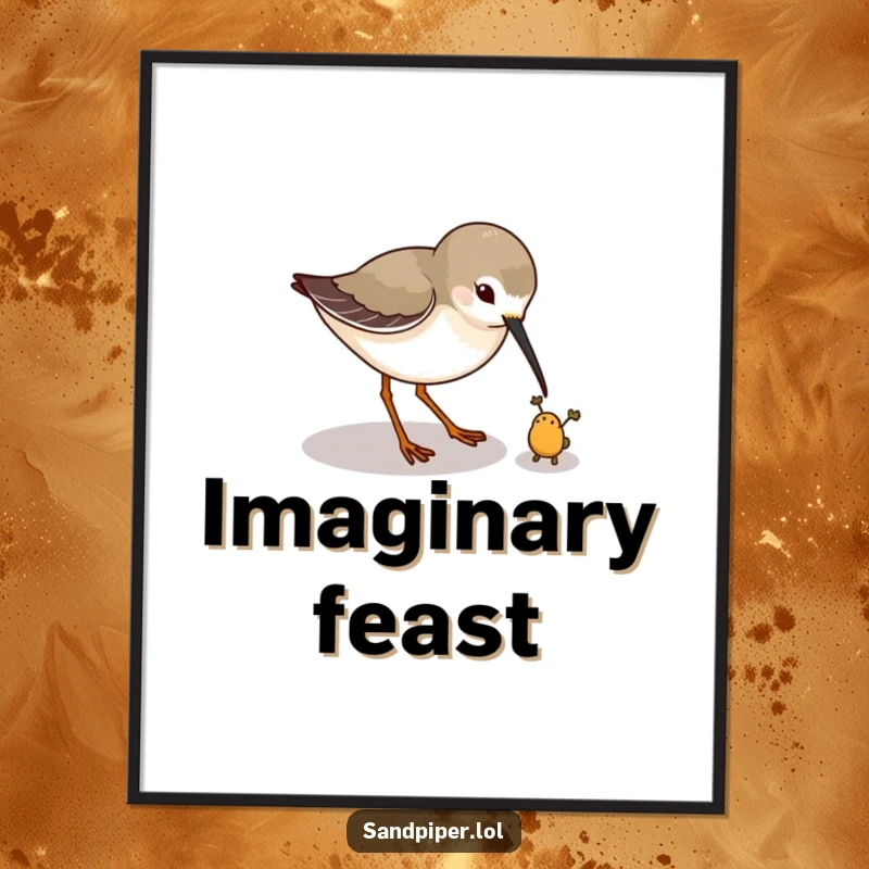 Funny digital art print of a sandpiper playfully pecking at a tiny imaginary bug, perfect for wall decor. A great funny gift.