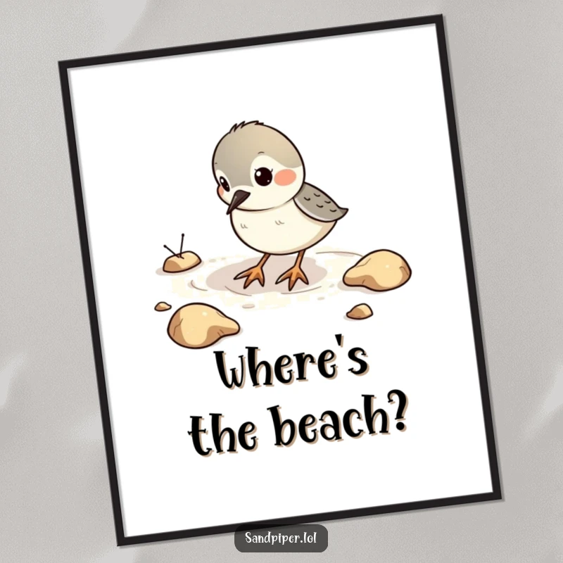 Funny Digital Art Print of a sandpiper bird playfully digging in imaginary sand, perfect for humorous decor.