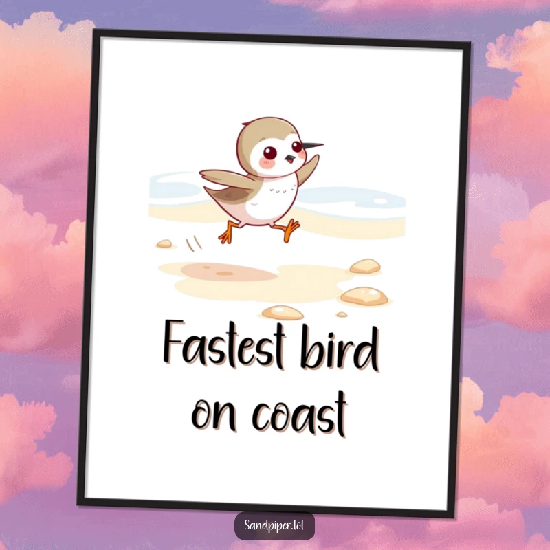 Funny Sandpiper Digital Art Print: High-resolution image of a cute sandpiper sprinting along a sandy shore, full of playful energy.