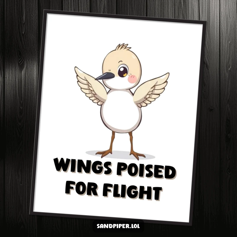 Funny Sandpiper Digital Art Print, a high-resolution artwork of a cartoon bird with wings slightly raised, looking ready for flight.